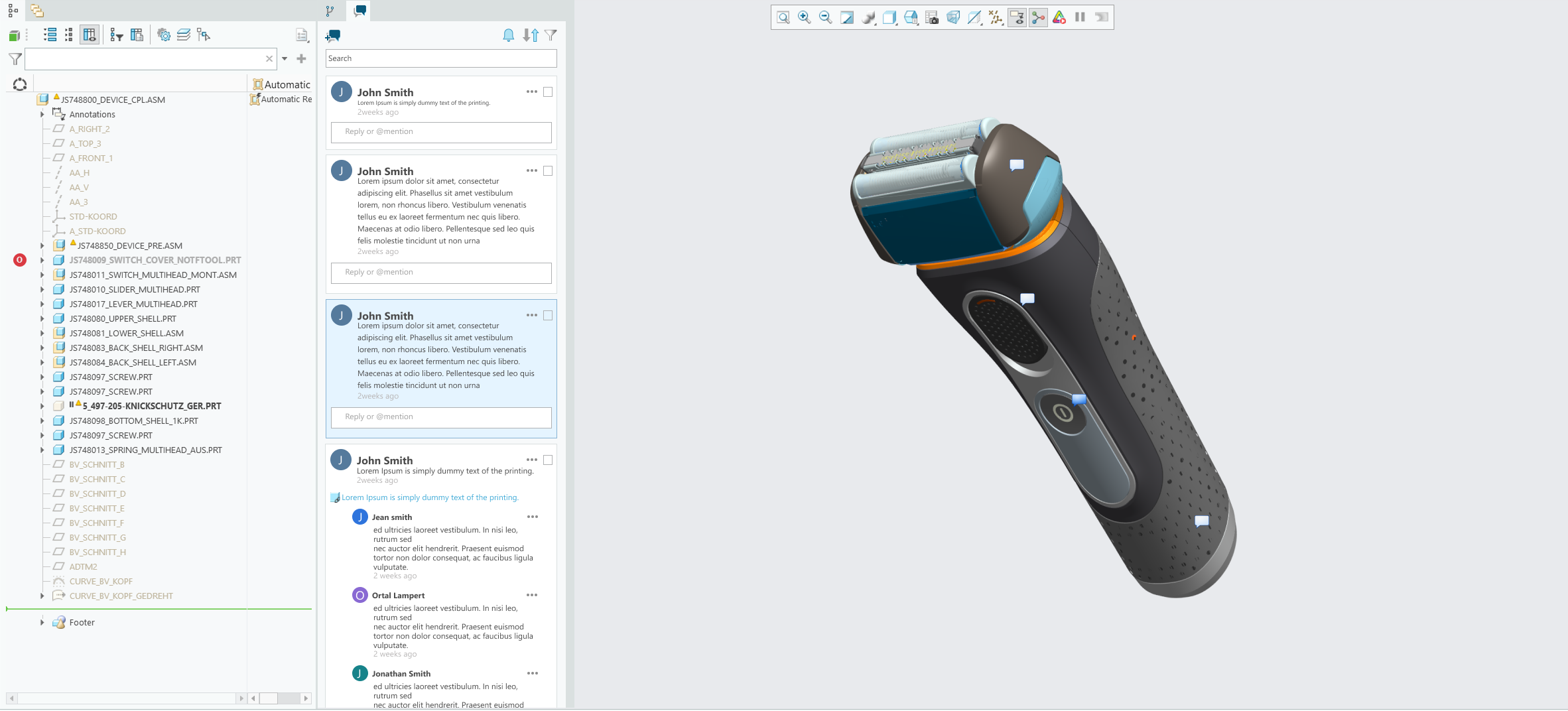 Creo+ with the contextual commenting pane open beside the 3D model, showing threaded comments pinned to parts on the shaver model